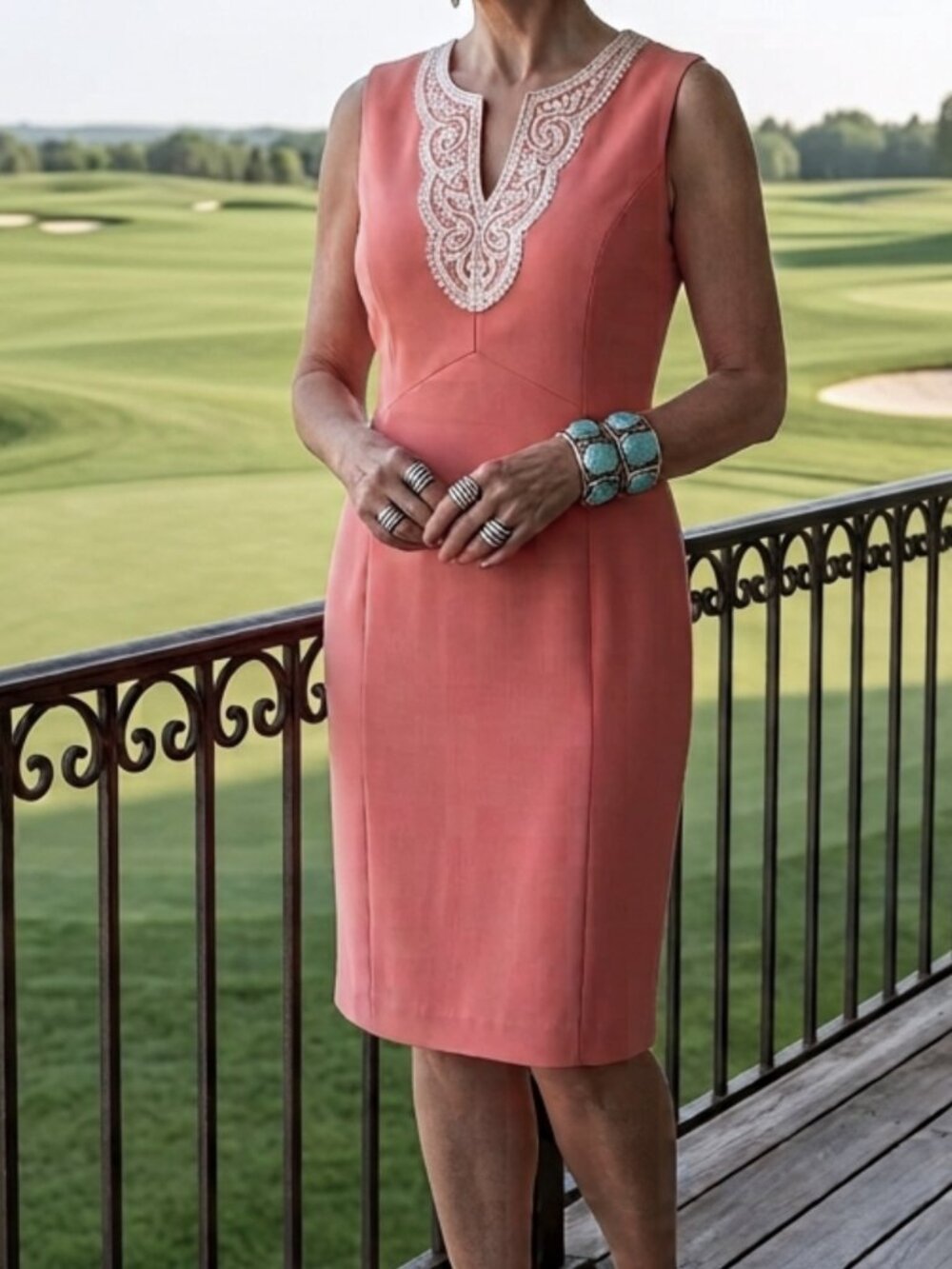 Sharagano Noir Peach Salmon Crochet Lace Collar Sheath Crepe Suit Dress 12